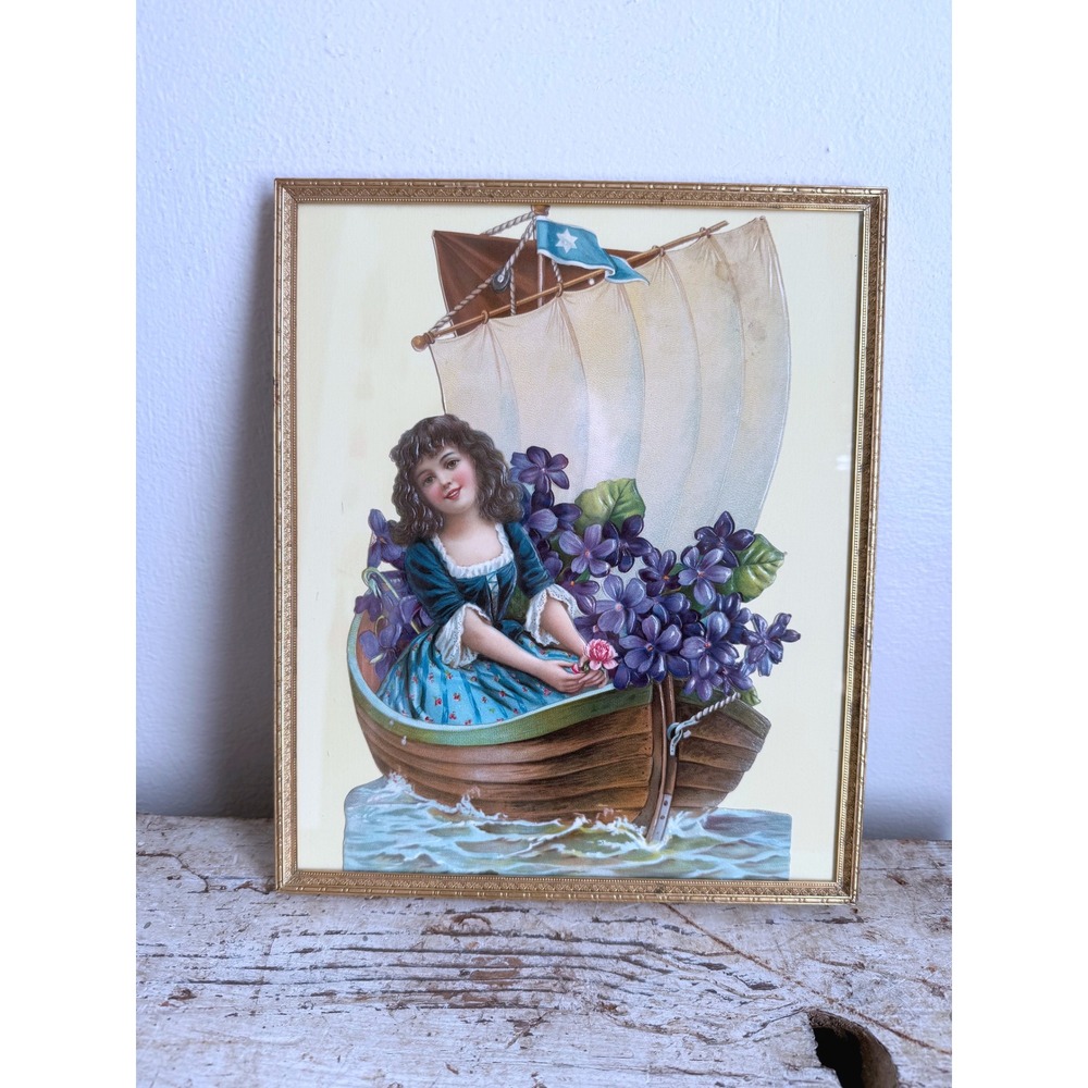 Antique Framed Paper Card Art Girl Boat Violets Gold Frame - Picture 2 of 5